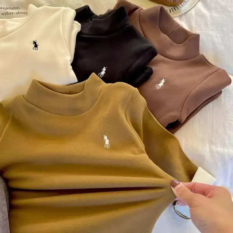 Girls Half-High Collar T-Shirt Fleece Winter Korean Base