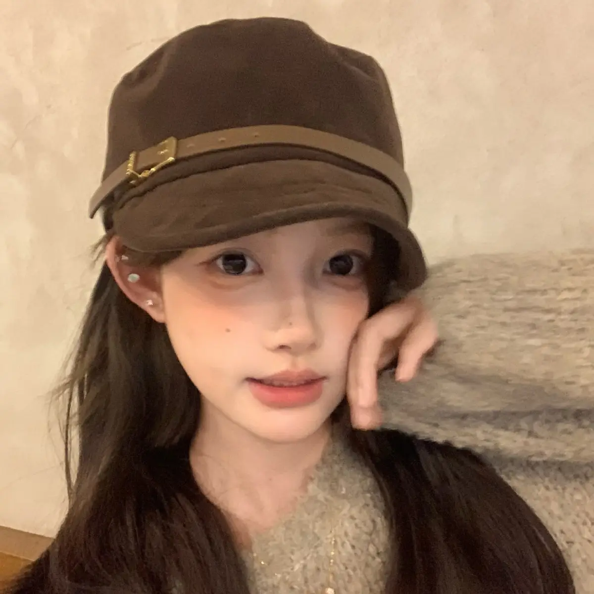Women Suede Flat Cap with Leather Buckle Autumn Winter - Image 6