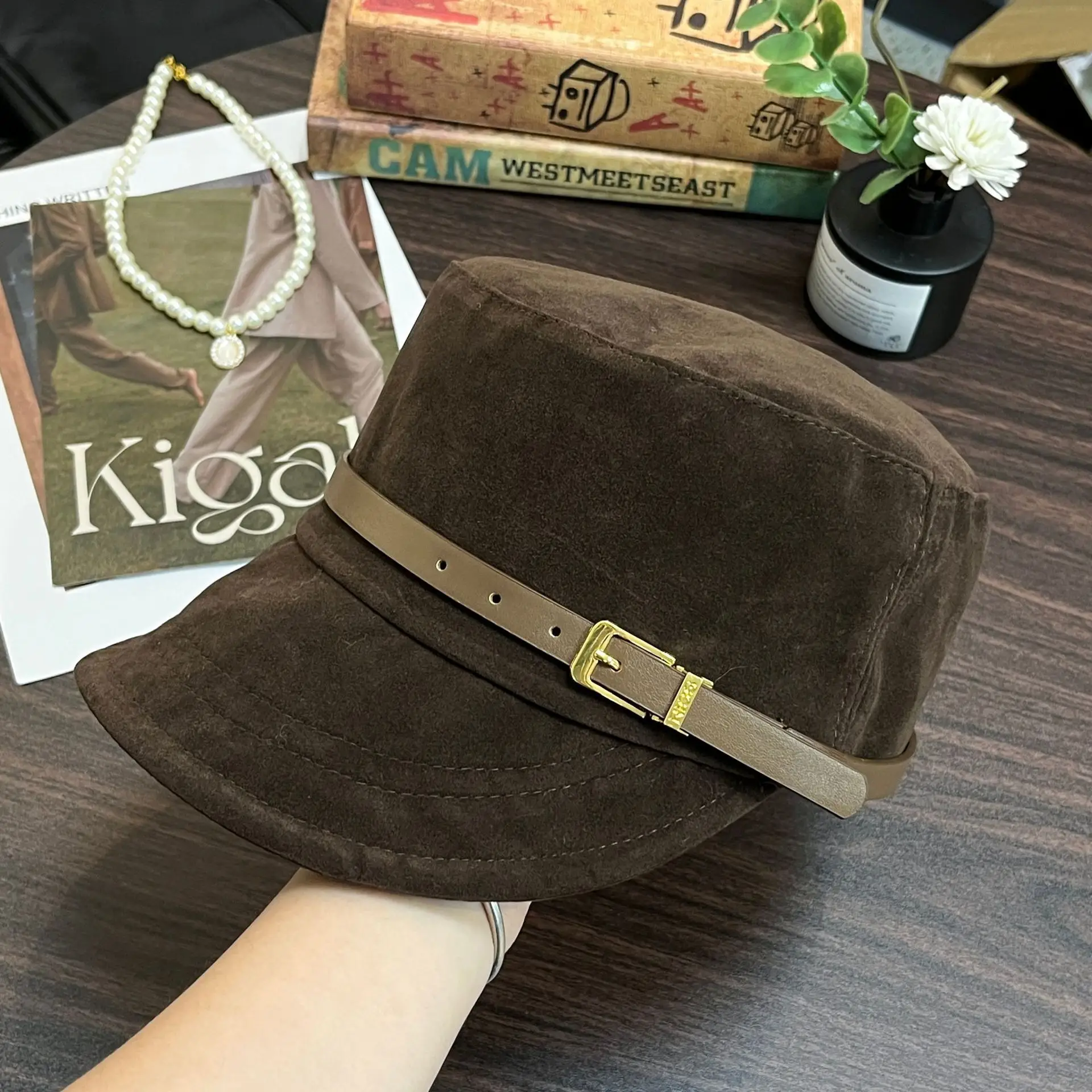 Women Suede Flat Cap with Leather Buckle Autumn Winter - Image 2