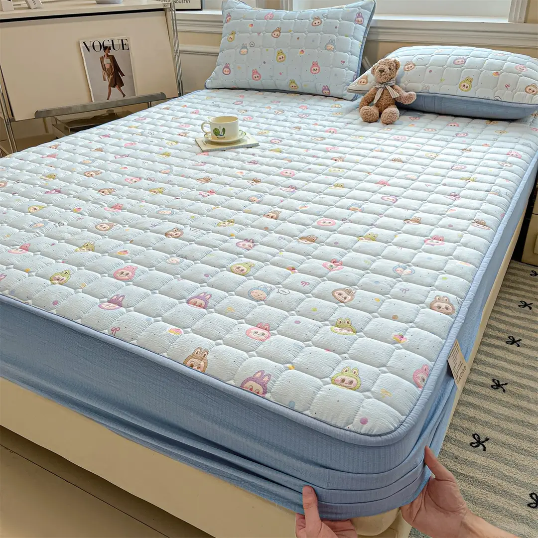 Class a Waterproof Fitted Sheet with Wrinkled Yarn Print, Quilted and Thickened, Dustproof, Non-Slip, Urine-Proof Mattress Protector for Simmons Mattresses