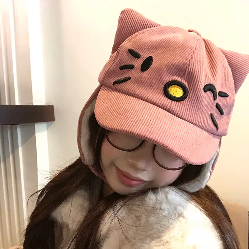 Japanese-Style Pink Cat Ear Cap for Women Winter Warm