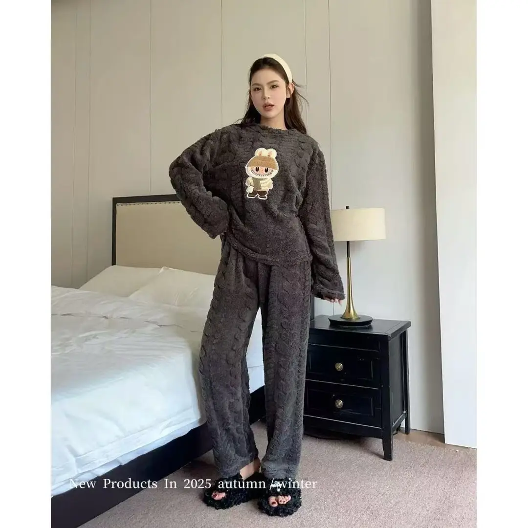 2025 Autumn and Winter Coral Fleece Pajamas for Women Cartoon Outerwear Thickened Warm Soft Fabric Homewear Short Sleeve Set Pajama Pants