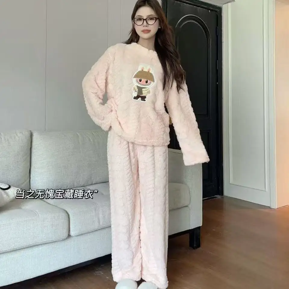 2025 Autumn and Winter Coral Fleece Pajamas for Women Cartoon Outerwear Thickened Warm Soft Fabric Homewear Short Sleeve Set Pajama Pants — feature 1