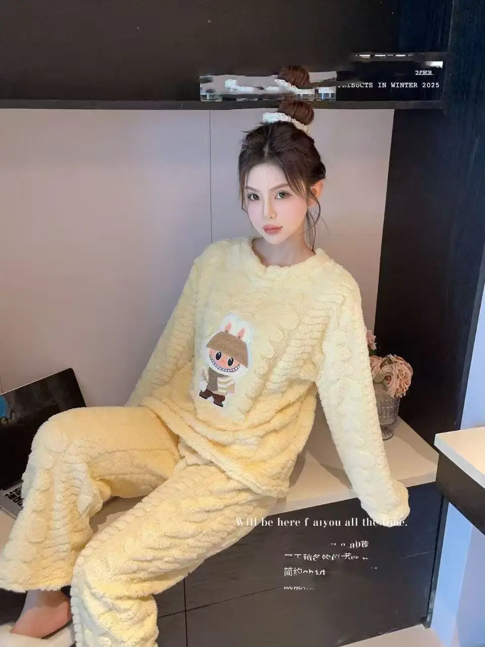 2025 Autumn and Winter Coral Fleece Pajamas for Women Cartoon Outerwear Thickened Warm Soft Fabric Homewear Short Sleeve Set Pajama Pants — feature 10