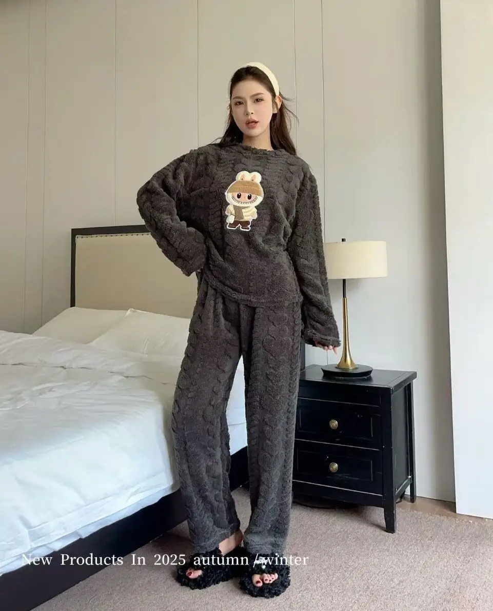 2025 Autumn and Winter Coral Fleece Pajamas for Women Cartoon Outerwear Thickened Warm Soft Fabric Homewear Short Sleeve Set Pajama Pants — feature 14