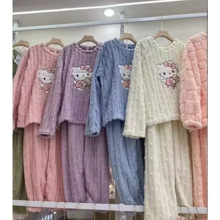 2025 Autumn and Winter Coral Fleece Pajamas for Women Cartoon Outerwear Thickened Warm Soft Fabric Homewear Short Sleeve Set Pajama Pants — feature 23