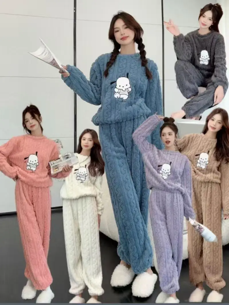 2025 Autumn and Winter Coral Fleece Pajamas for Women Cartoon Outerwear Thickened Warm Soft Fabric Homewear Short Sleeve Set Pajama Pants — feature 26