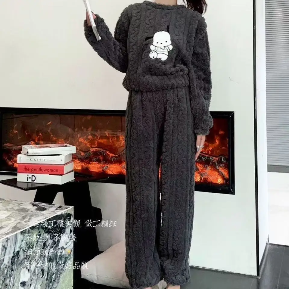 2025 Autumn and Winter Coral Fleece Pajamas for Women Cartoon Outerwear Thickened Warm Soft Fabric Homewear Short Sleeve Set Pajama Pants — feature 27