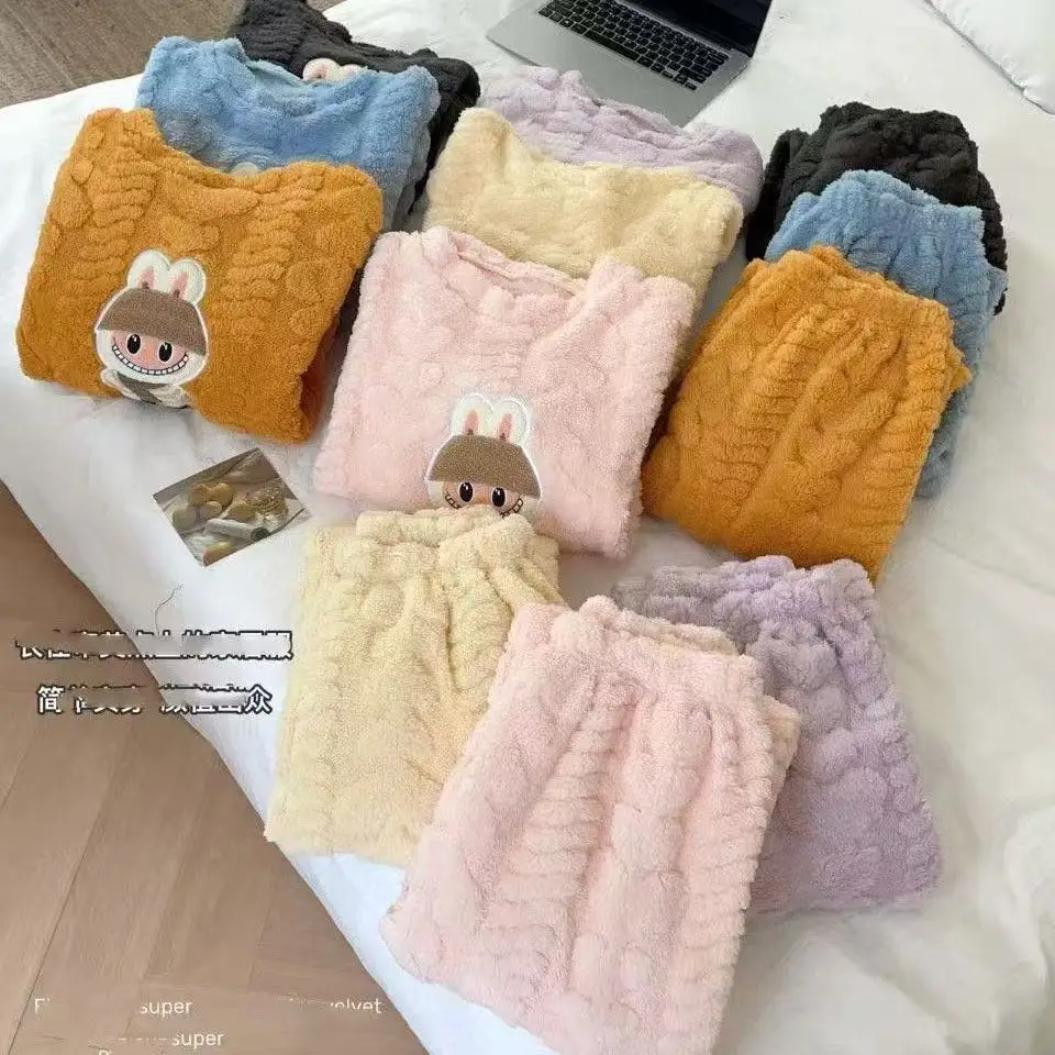 2025 Autumn and Winter Coral Fleece Pajamas for Women Cartoon Outerwear Thickened Warm Soft Fabric Homewear Short Sleeve Set Pajama Pants — feature 3