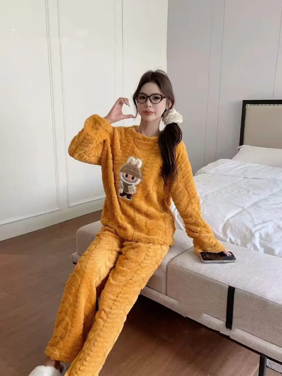 2025 Autumn and Winter Coral Fleece Pajamas for Women Cartoon Outerwear Thickened Warm Soft Fabric Homewear Short Sleeve Set Pajama Pants — feature 4