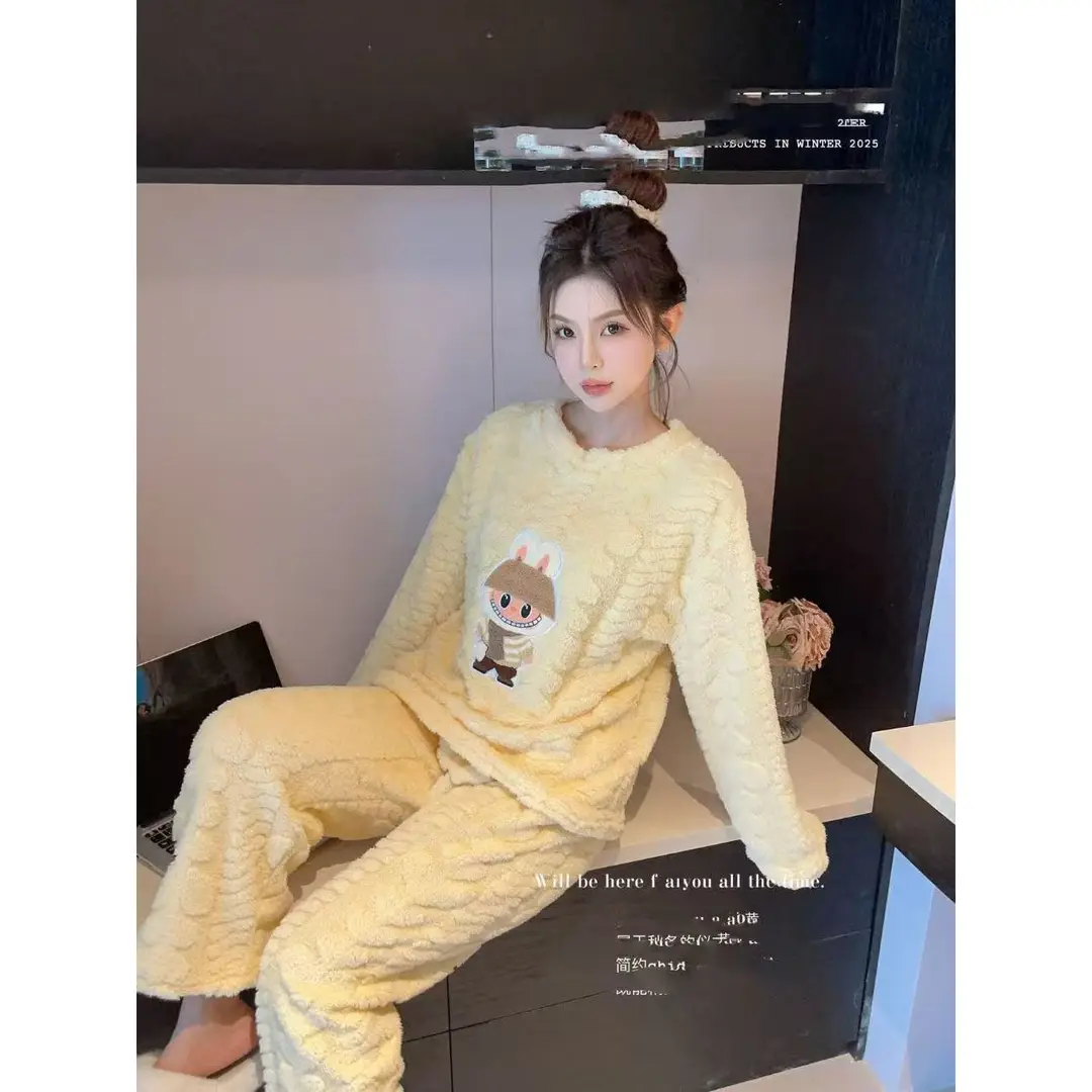 2025 Autumn and Winter Coral Fleece Pajamas for Women Cartoon Outerwear Thickened Warm Soft Fabric Homewear Short Sleeve Set Pajama Pants — feature 5