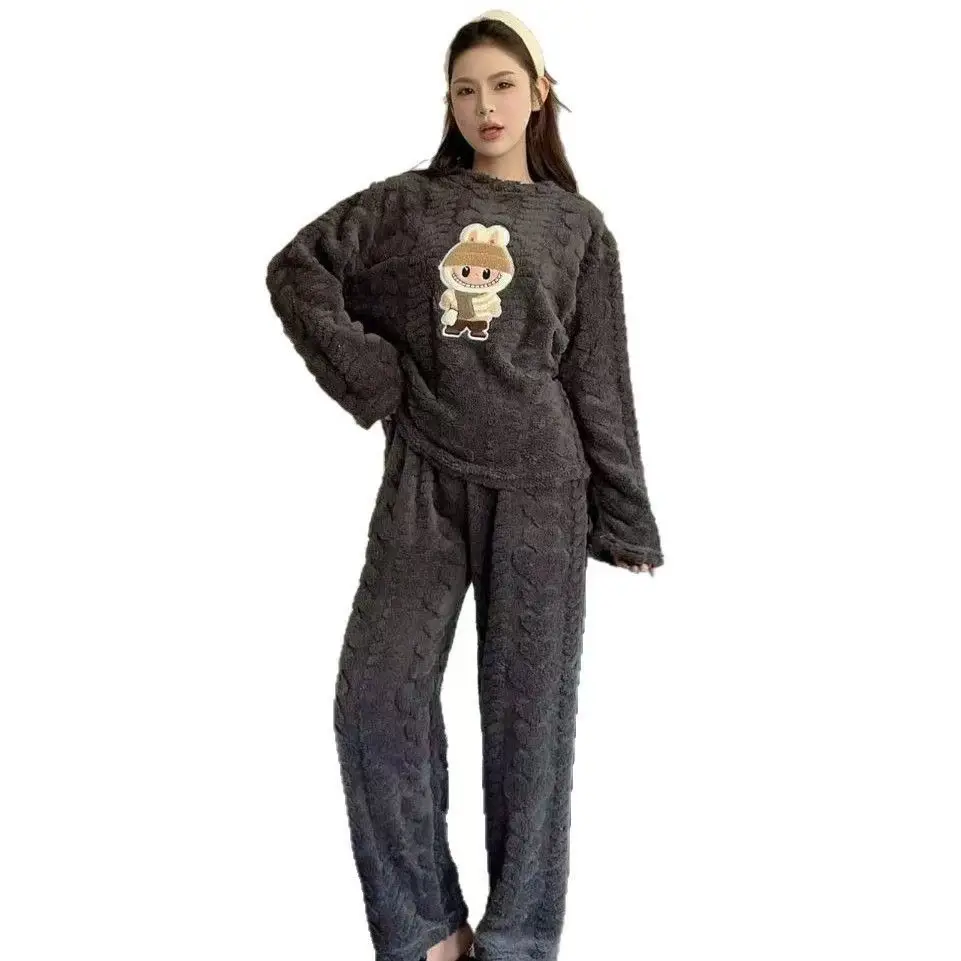 2025 Autumn and Winter Coral Fleece Pajamas for Women Cartoon Outerwear Thickened Warm Soft Fabric Homewear Short Sleeve Set Pajama Pants — feature 6