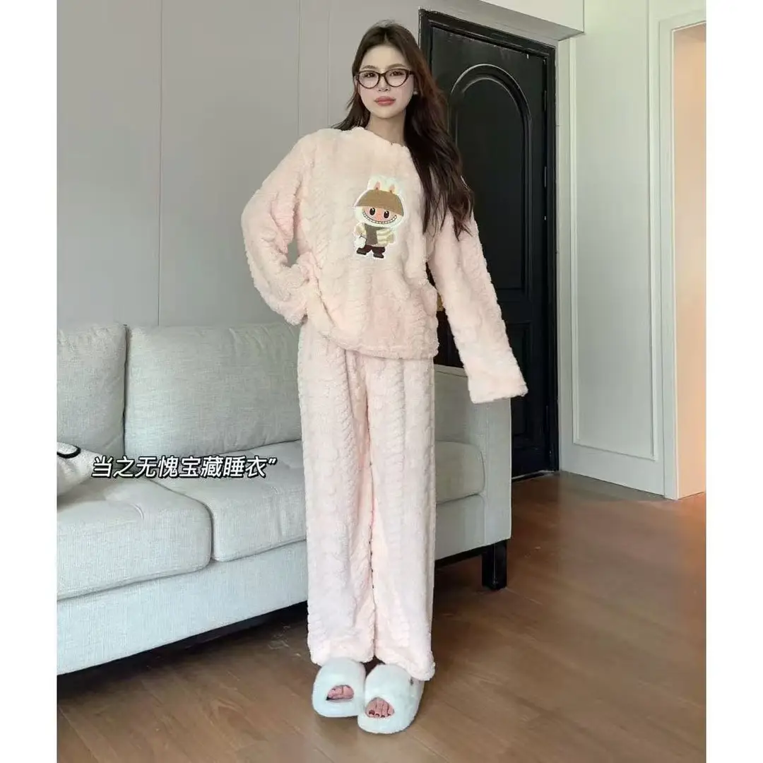 2025 Autumn and Winter Coral Fleece Pajamas for Women Cartoon Outerwear Thickened Warm Soft Fabric Homewear Short Sleeve Set Pajama Pants — feature 7