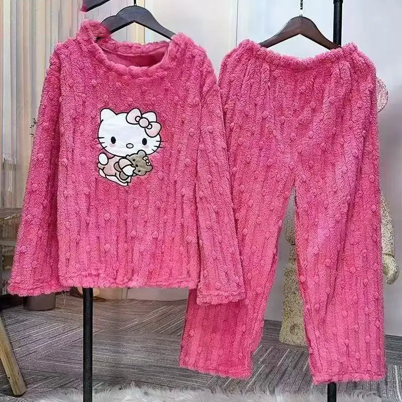 2025 Autumn and Winter Coral Fleece Pajamas for Women Cartoon Outerwear Thickened Warm Soft Fabric Homewear Short Sleeve Set Pajama Pants