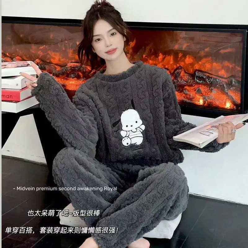 2025 Autumn and Winter Coral Fleece Pajamas for Women Cartoon Outerwear Thickened Warm Soft Fabric Homewear Short Sleeve Set Pajama Pants