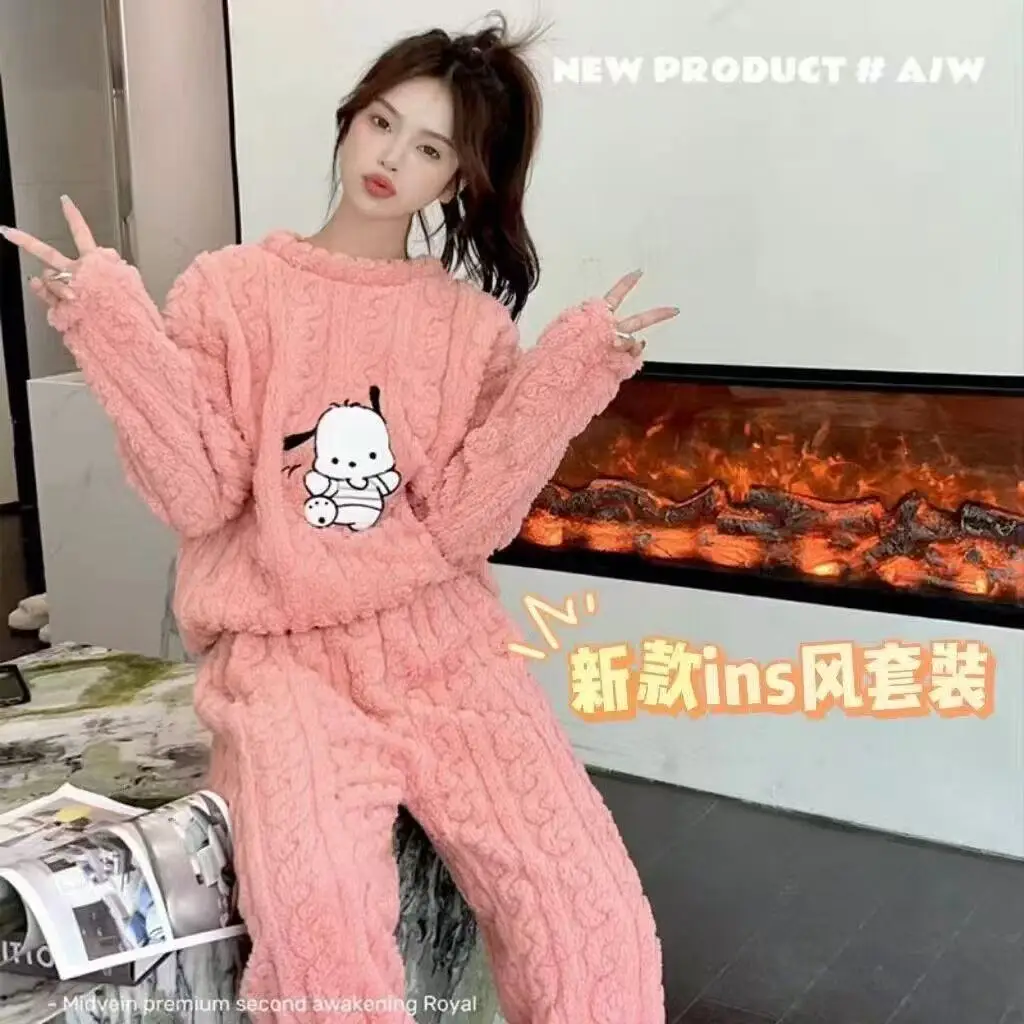 2025 Autumn and Winter Coral Fleece Pajamas for Women Cartoon Outerwear Thickened Warm Soft Fabric Homewear Short Sleeve Set Pajama Pants