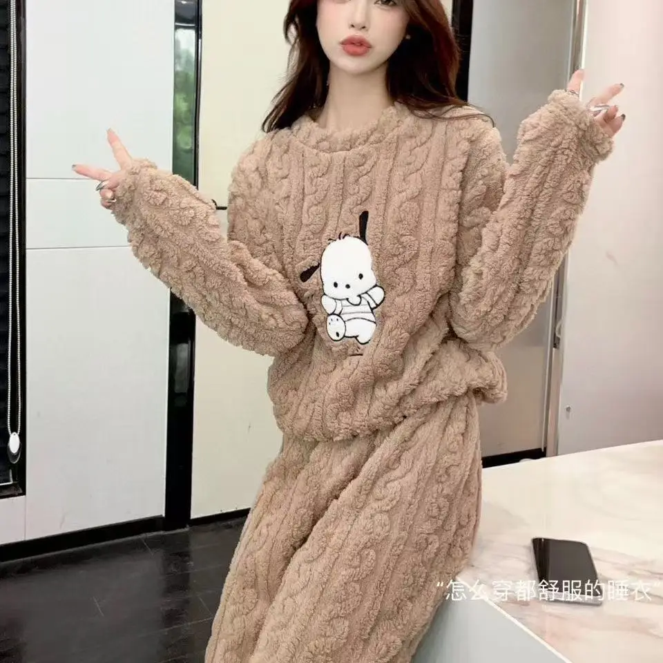 2025 Autumn and Winter Coral Fleece Pajamas for Women Cartoon Outerwear Thickened Warm Soft Fabric Homewear Short Sleeve Set Pajama Pants