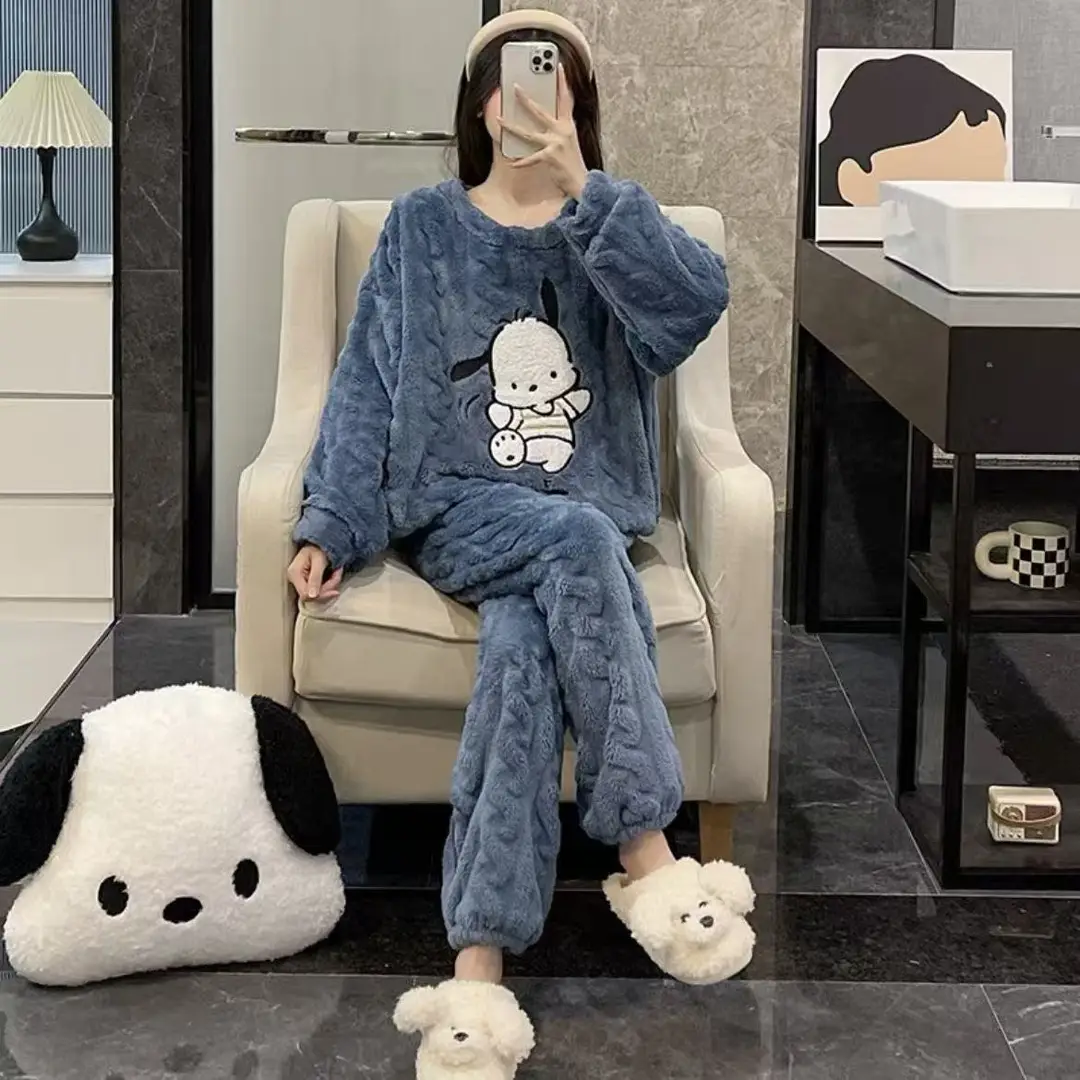 2025 Autumn and Winter Coral Fleece Pajamas for Women Cartoon Outerwear Thickened Warm Soft Fabric Homewear Short Sleeve Set Pajama Pants