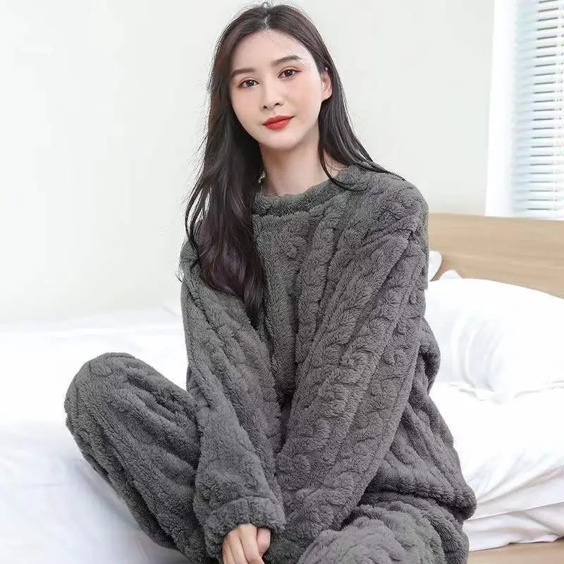 2025 Autumn and Winter Coral Fleece Pajamas for Women Cartoon Outerwear Thickened Warm Soft Fabric Homewear Short Sleeve Set Pajama Pants