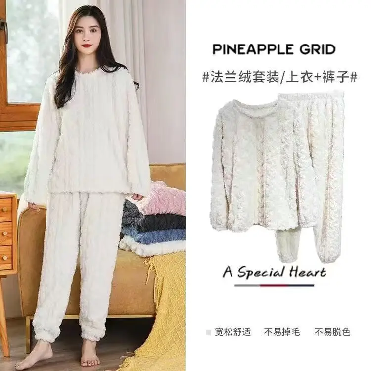 2025 Autumn and Winter Coral Fleece Pajamas for Women Cartoon Outerwear Thickened Warm Soft Fabric Homewear Short Sleeve Set Pajama Pants