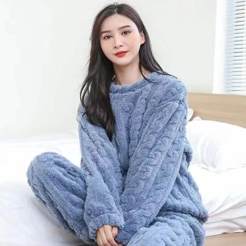 2025 Autumn and Winter Coral Fleece Pajamas for Women Cartoon Outerwear Thickened Warm Soft Fabric Homewear Short Sleeve Set Pajama Pants