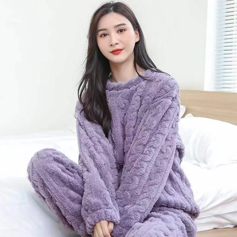 2025 Autumn and Winter Coral Fleece Pajamas for Women Cartoon Outerwear Thickened Warm Soft Fabric Homewear Short Sleeve Set Pajama Pants