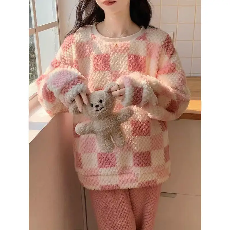 2025 Autumn and Winter Coral Fleece Pajamas for Women Cartoon Outerwear Thickened Warm Soft Fabric Homewear Short Sleeve Set Pajama Pants