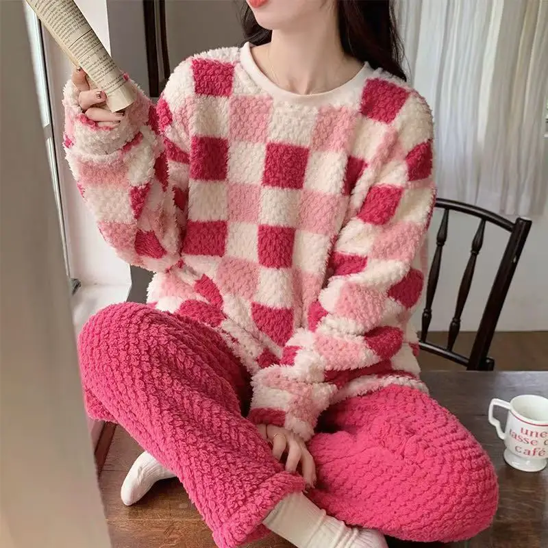2025 Autumn and Winter Coral Fleece Pajamas for Women Cartoon Outerwear Thickened Warm Soft Fabric Homewear Short Sleeve Set Pajama Pants