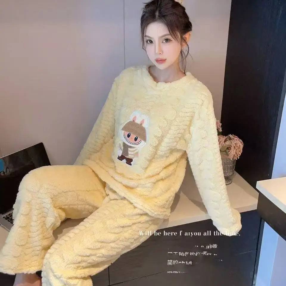 2025 Autumn and Winter Coral Fleece Pajamas for Women Cartoon Outerwear Thickened Warm Soft Fabric Homewear Short Sleeve Set Pajama Pants