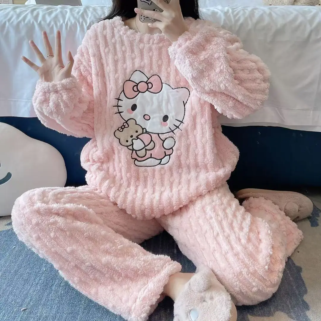 2025 Autumn and Winter Coral Fleece Pajamas for Women Cartoon Outerwear Thickened Warm Soft Fabric Homewear Short Sleeve Set Pajama Pants