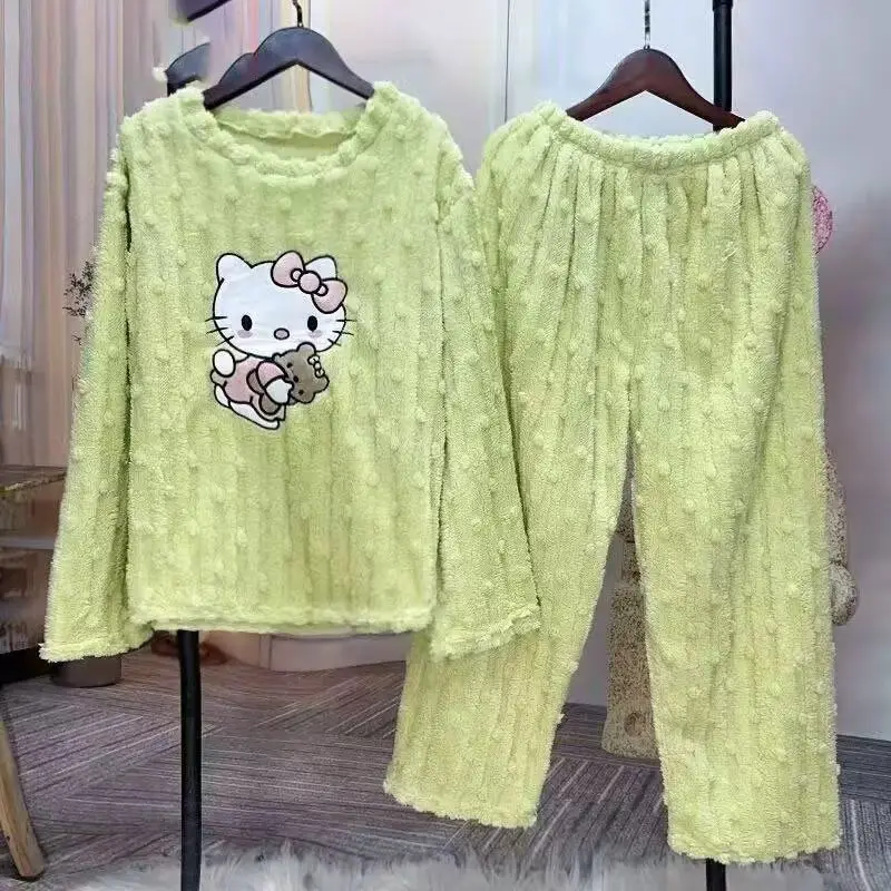 2025 Autumn and Winter Coral Fleece Pajamas for Women Cartoon Outerwear Thickened Warm Soft Fabric Homewear Short Sleeve Set Pajama Pants