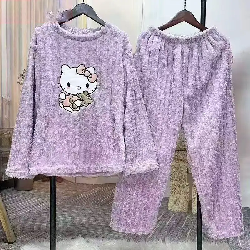 2025 Autumn and Winter Coral Fleece Pajamas for Women Cartoon Outerwear Thickened Warm Soft Fabric Homewear Short Sleeve Set Pajama Pants