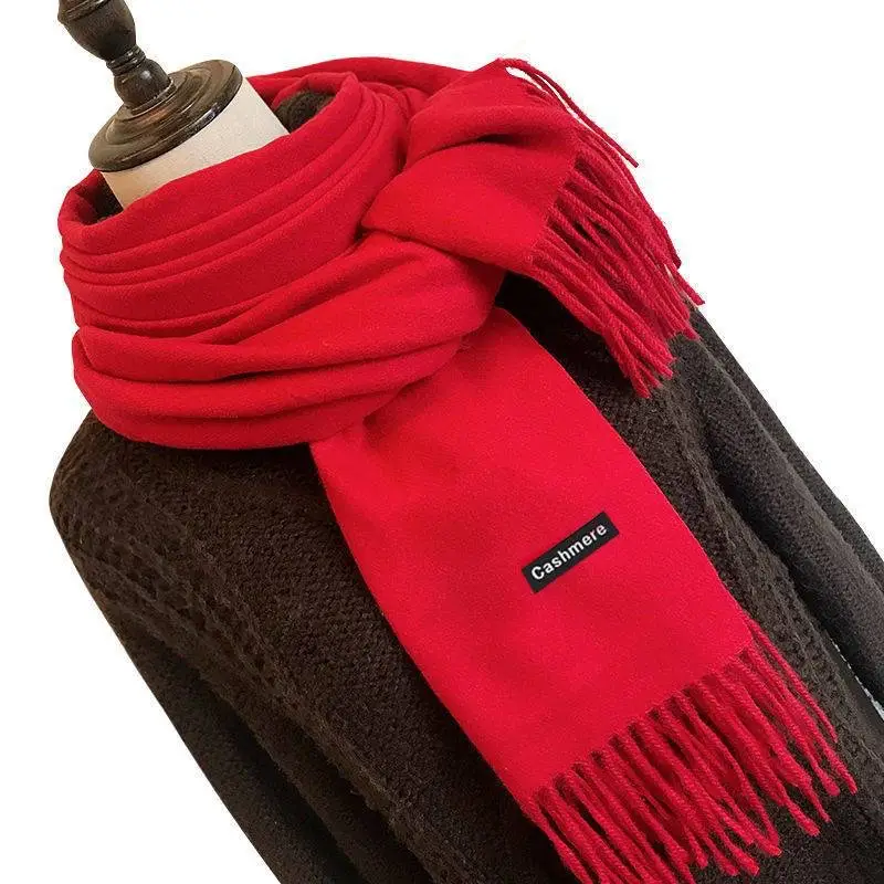 Cross-Border Popular Imitation Cashmere Autumn and Winter Scarf for Women, Red Solid Color, Warm Neck Protector, Neck Scarf, Shawl, Dual-Purpose Company Gift