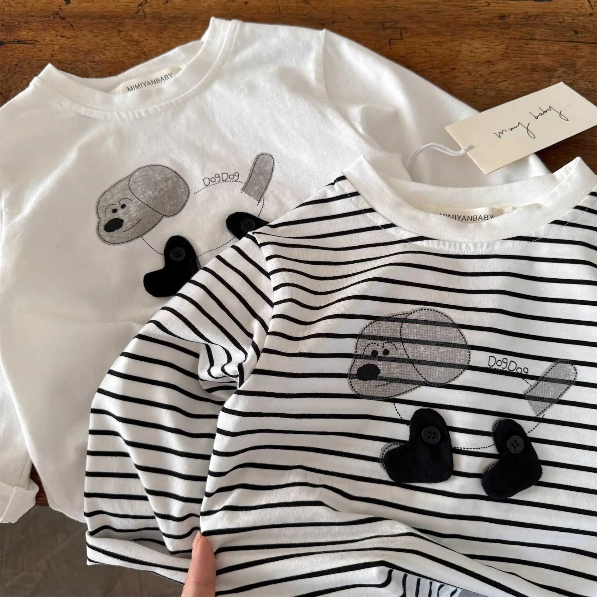 Children's Long Sleeve T-Shirt White Striped Puppy Design — feature 1