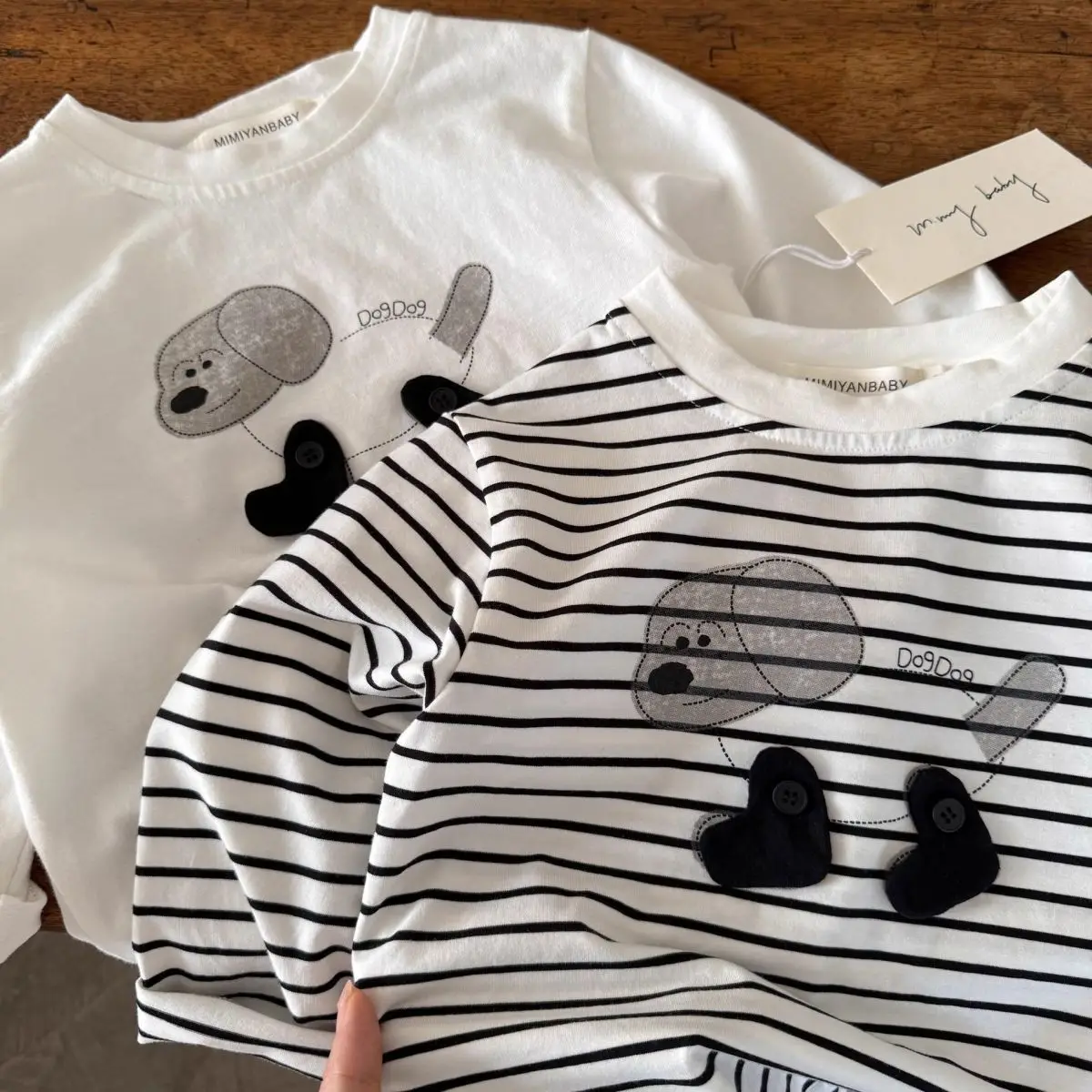 Children's Long Sleeve T-Shirt White Striped Puppy Design — feature 2