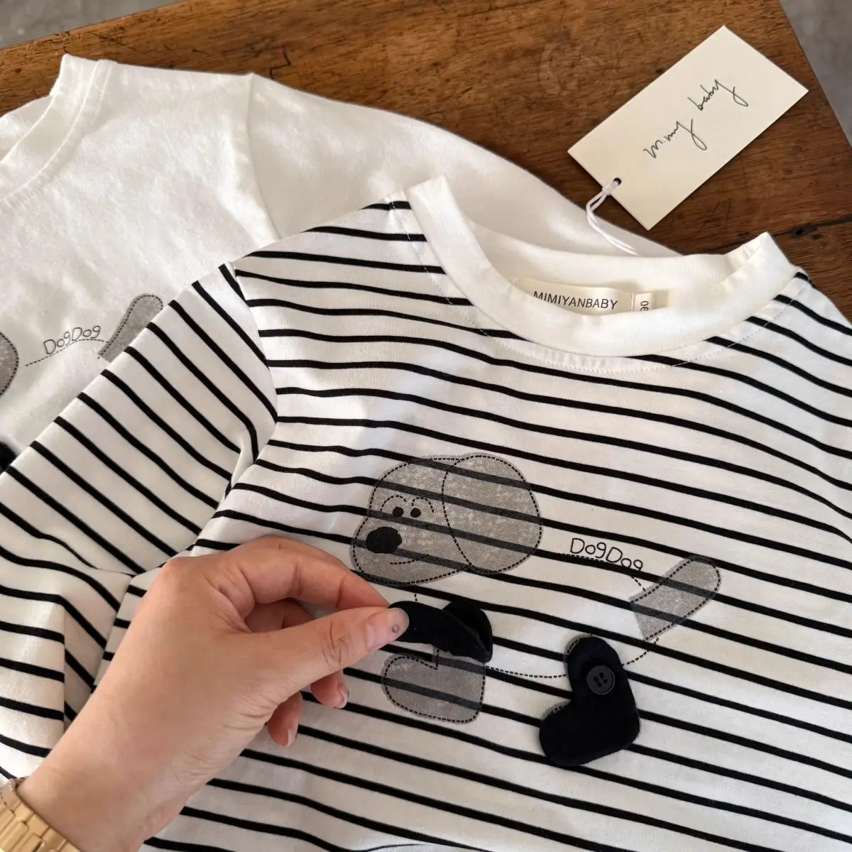 Children's Long Sleeve T-Shirt White Striped Puppy Design — feature 3