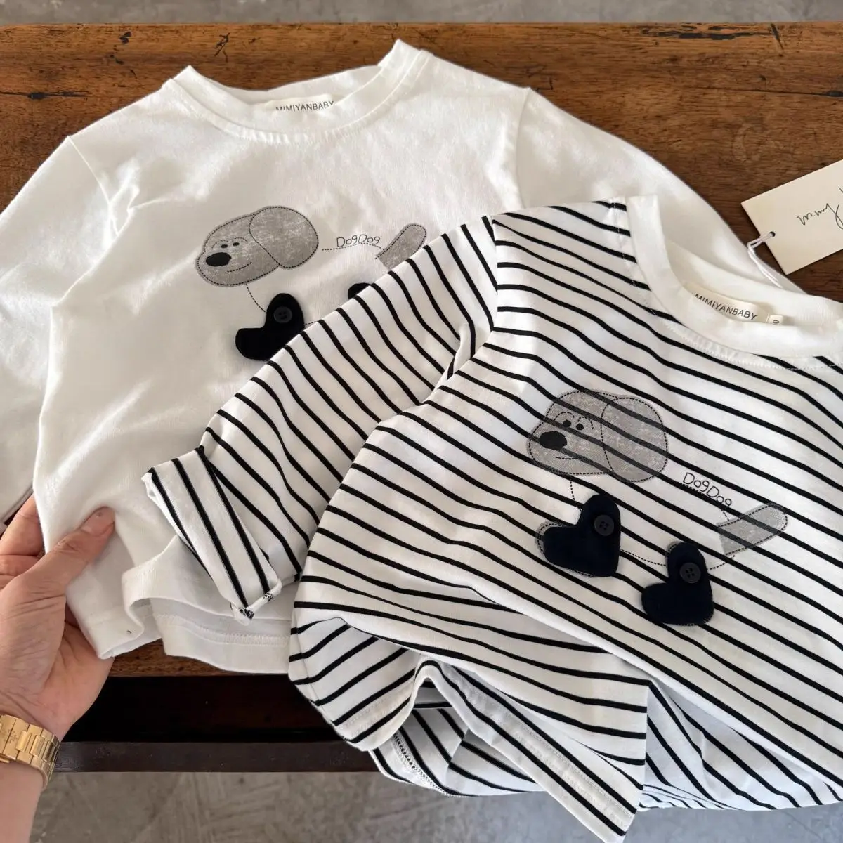 Children's Long Sleeve T-Shirt White Striped Puppy Design — feature 4