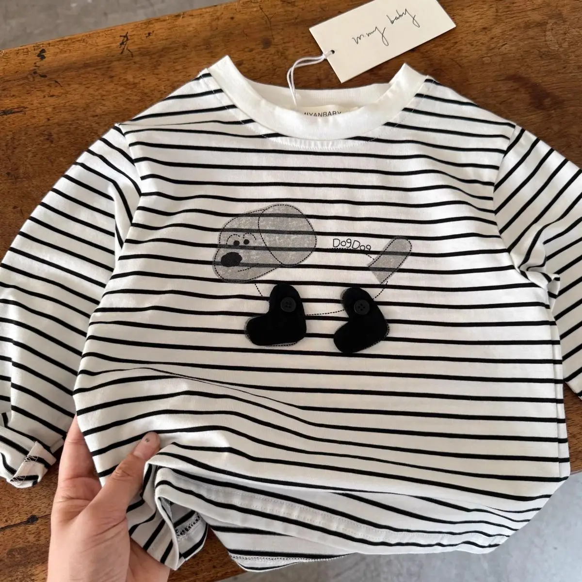 Children's Long Sleeve T-Shirt White Striped Puppy Design — feature 5
