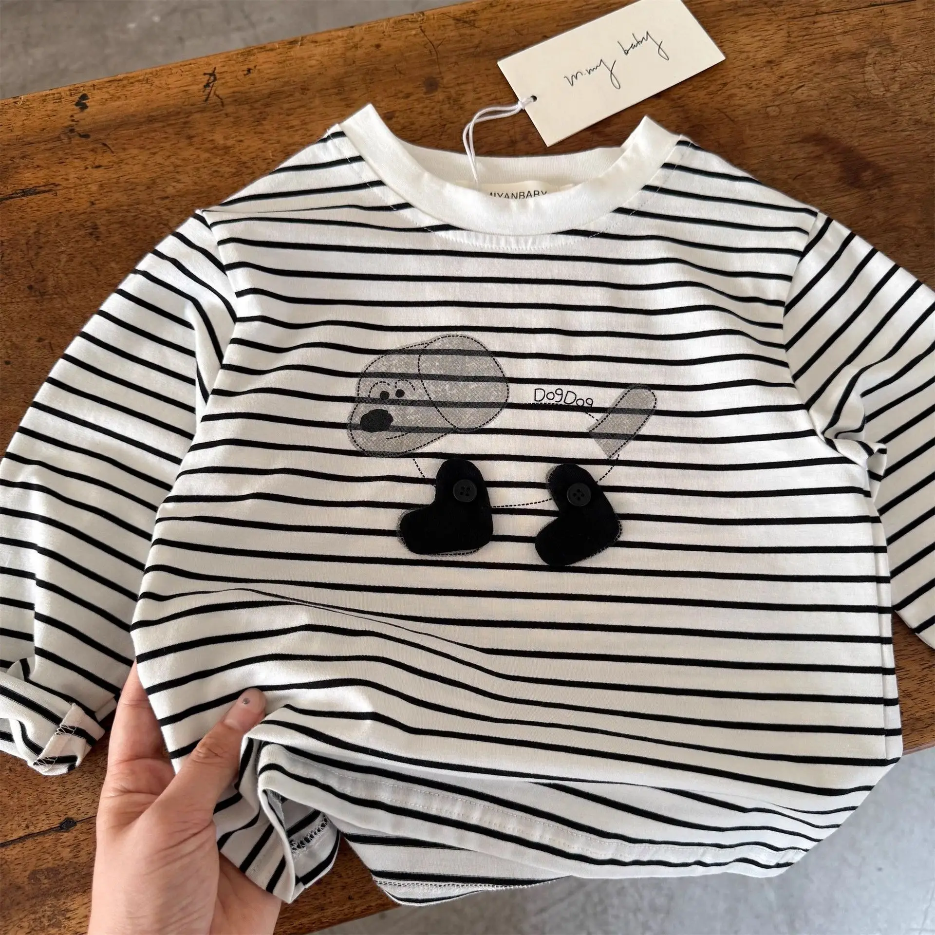 Children's Long Sleeve T-Shirt White Striped Puppy Design