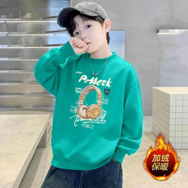 Children's Green Velvet Letter Print Sweatshirt Long Sleeve - Image 24