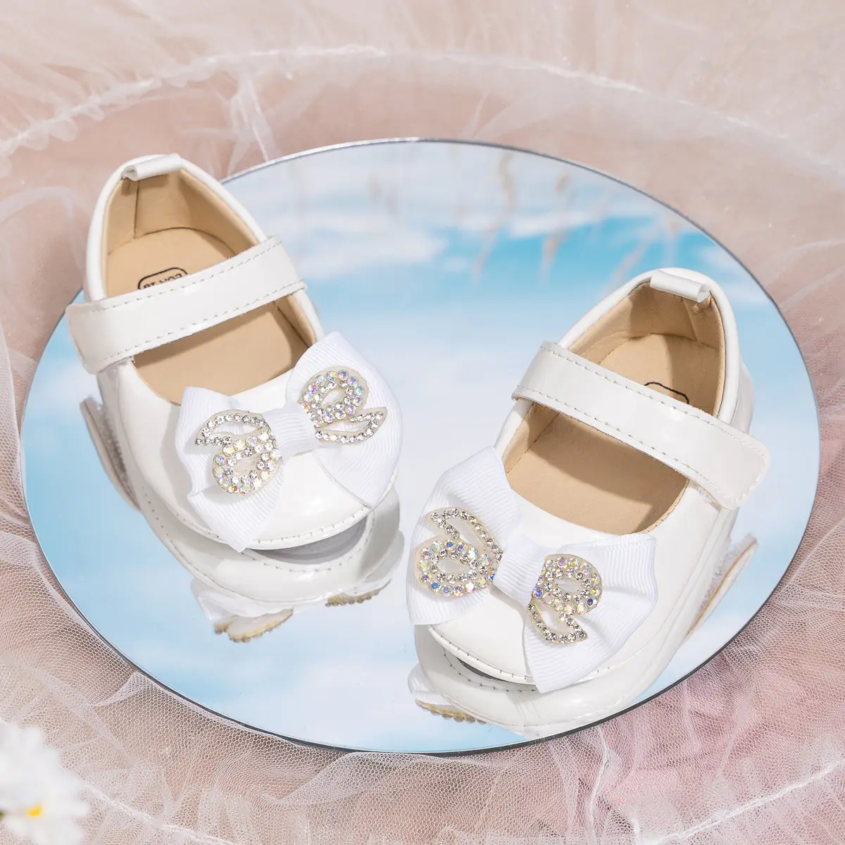 White Bowy Baby Shoes for Girls, Sparkly Decorated, Soft Sole, Toddler Comfort
