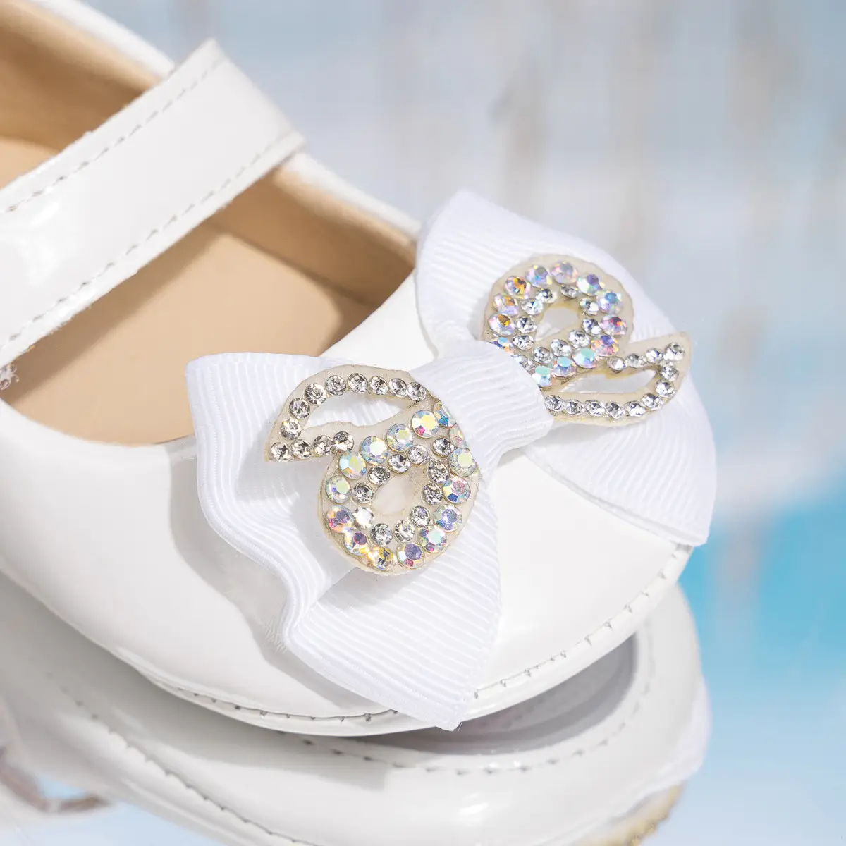 White Bowy Baby Shoes for Girls, Sparkly Decorated, Soft Sole, Toddler Comfort