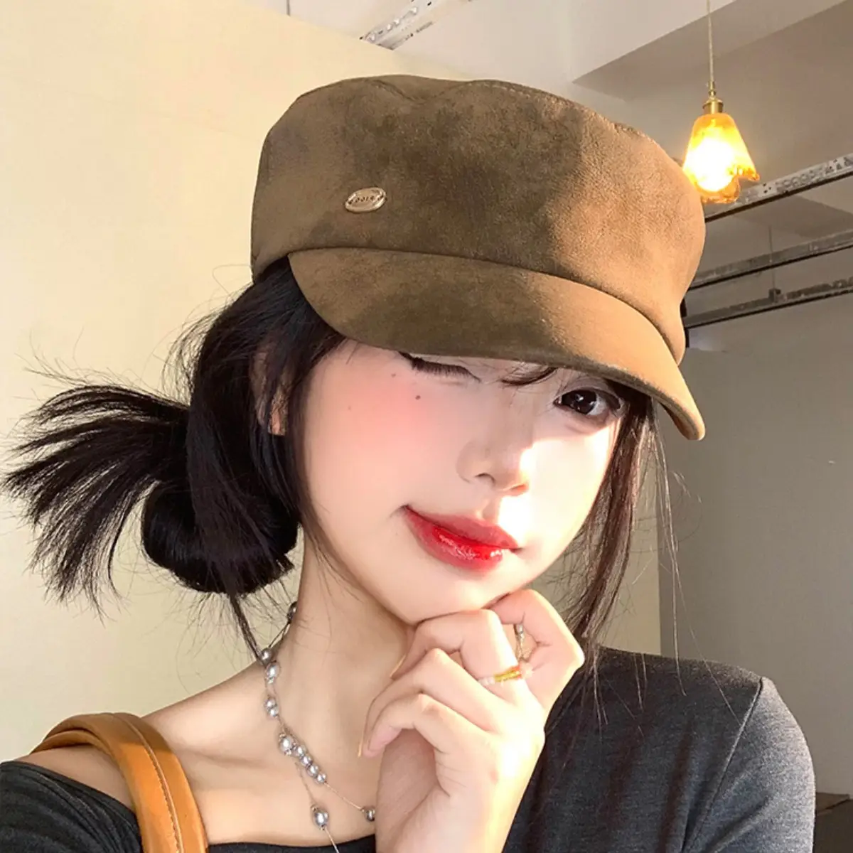 Vintage Suede Beret Hat for Women Large Head Circumference Flat Top Equestrian - Image 4