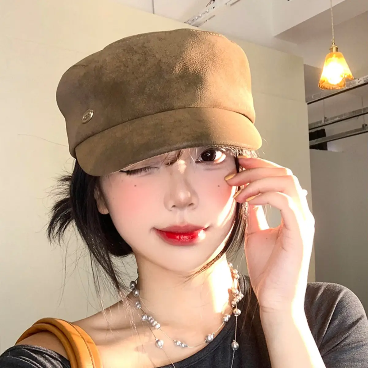Vintage Suede Beret Hat for Women Large Head Circumference Flat Top Equestrian - Image 5
