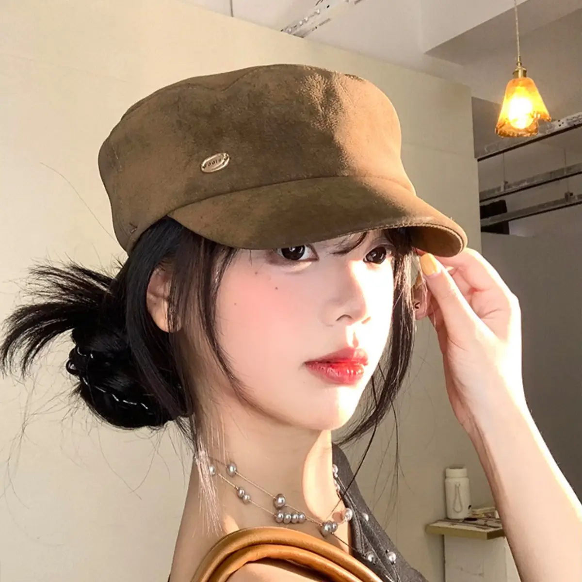 Vintage Suede Beret Hat for Women Large Head Circumference Flat Top Equestrian - Image 6