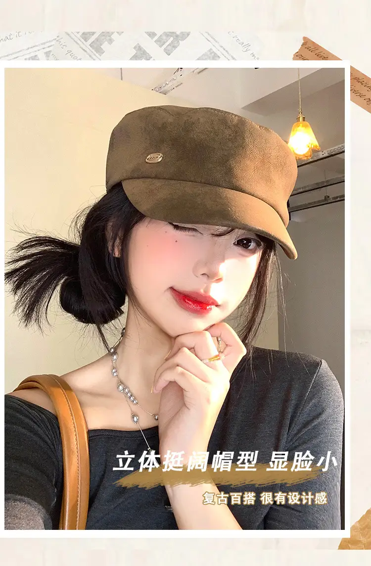 Vintage Suede Beret Hat for Women Large Head Circumference Flat Top Equestrian — feature 5