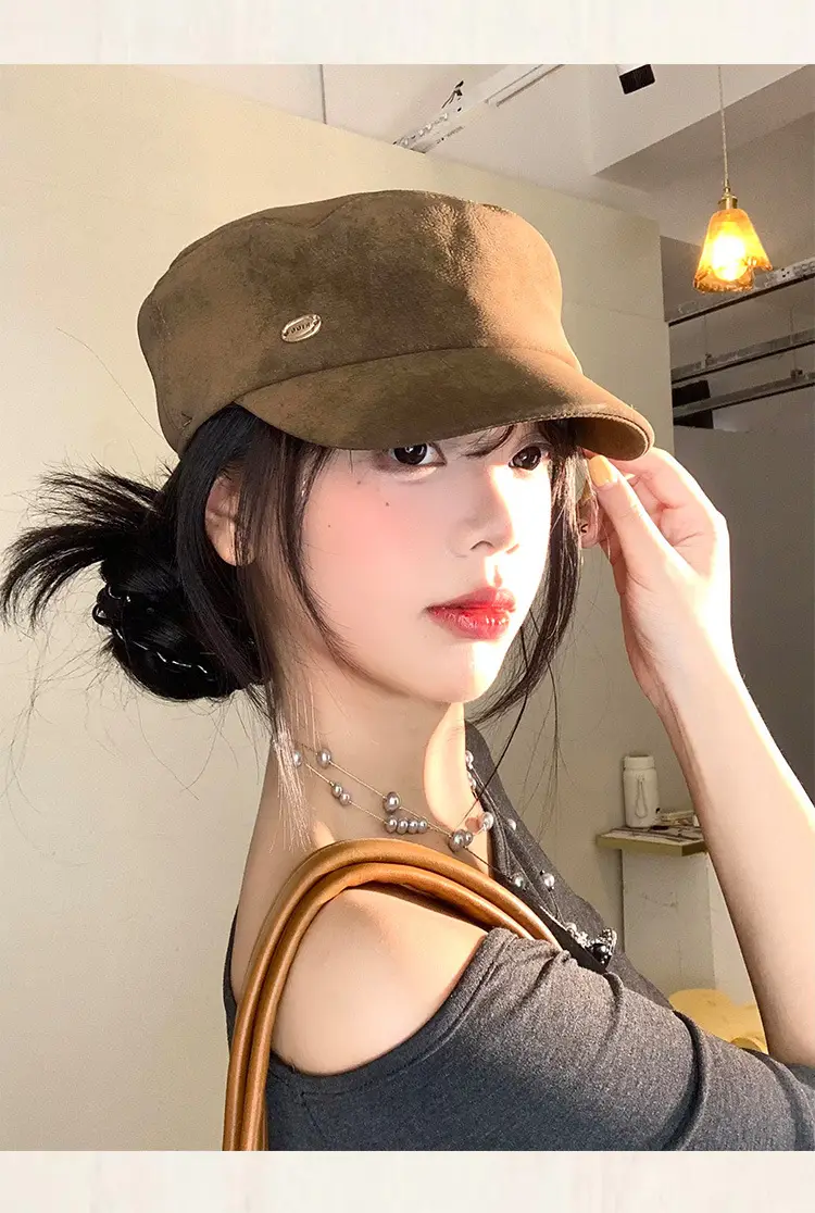 Vintage Suede Beret Hat for Women Large Head Circumference Flat Top Equestrian — feature 7