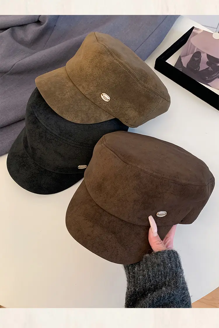 Vintage Suede Beret Hat for Women Large Head Circumference Flat Top Equestrian — feature 8