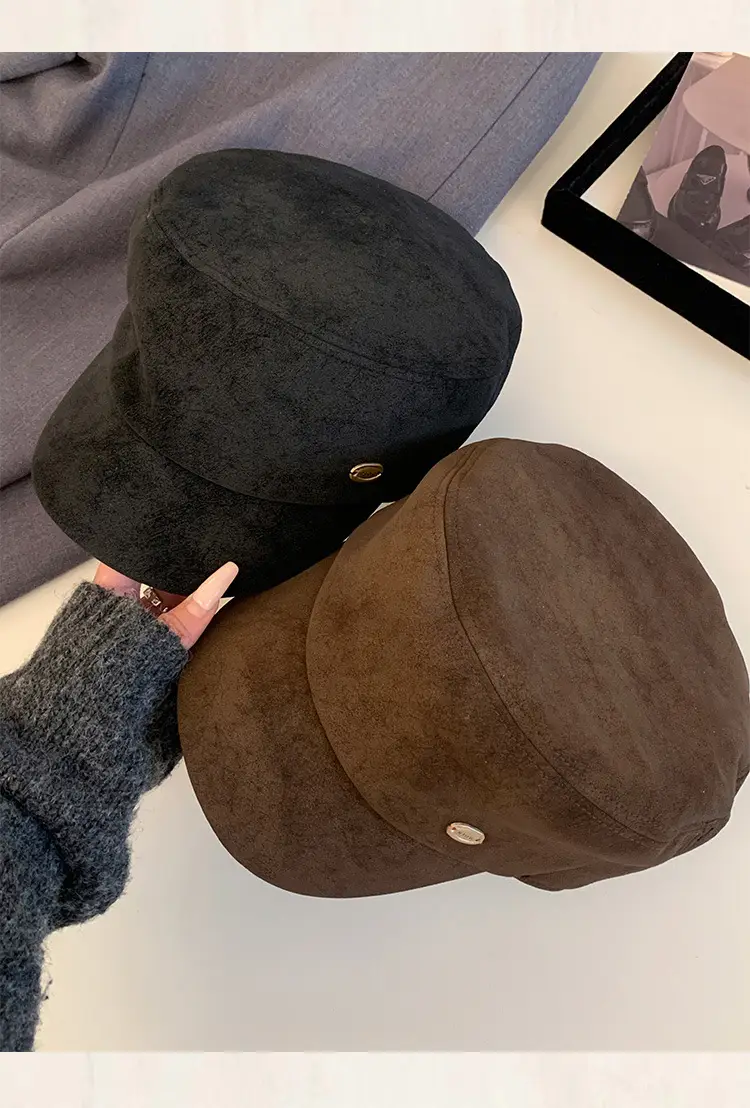 Vintage Suede Beret Hat for Women Large Head Circumference Flat Top Equestrian — feature 9