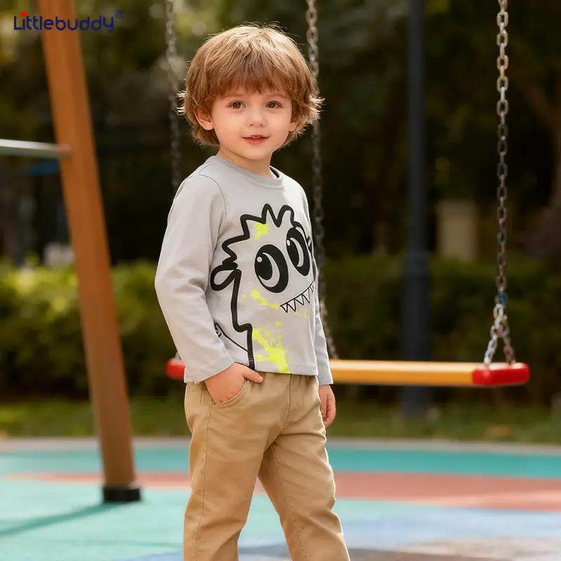 Kids Cotton Graphic Crew Neck Shirt Grey - Image 3